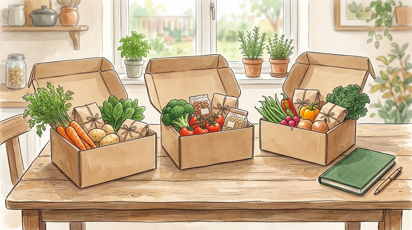 同じ形の無地の段ボール箱が3つ開いて置かれ、それぞれに野菜と食品パックが入っている台所のテーブル