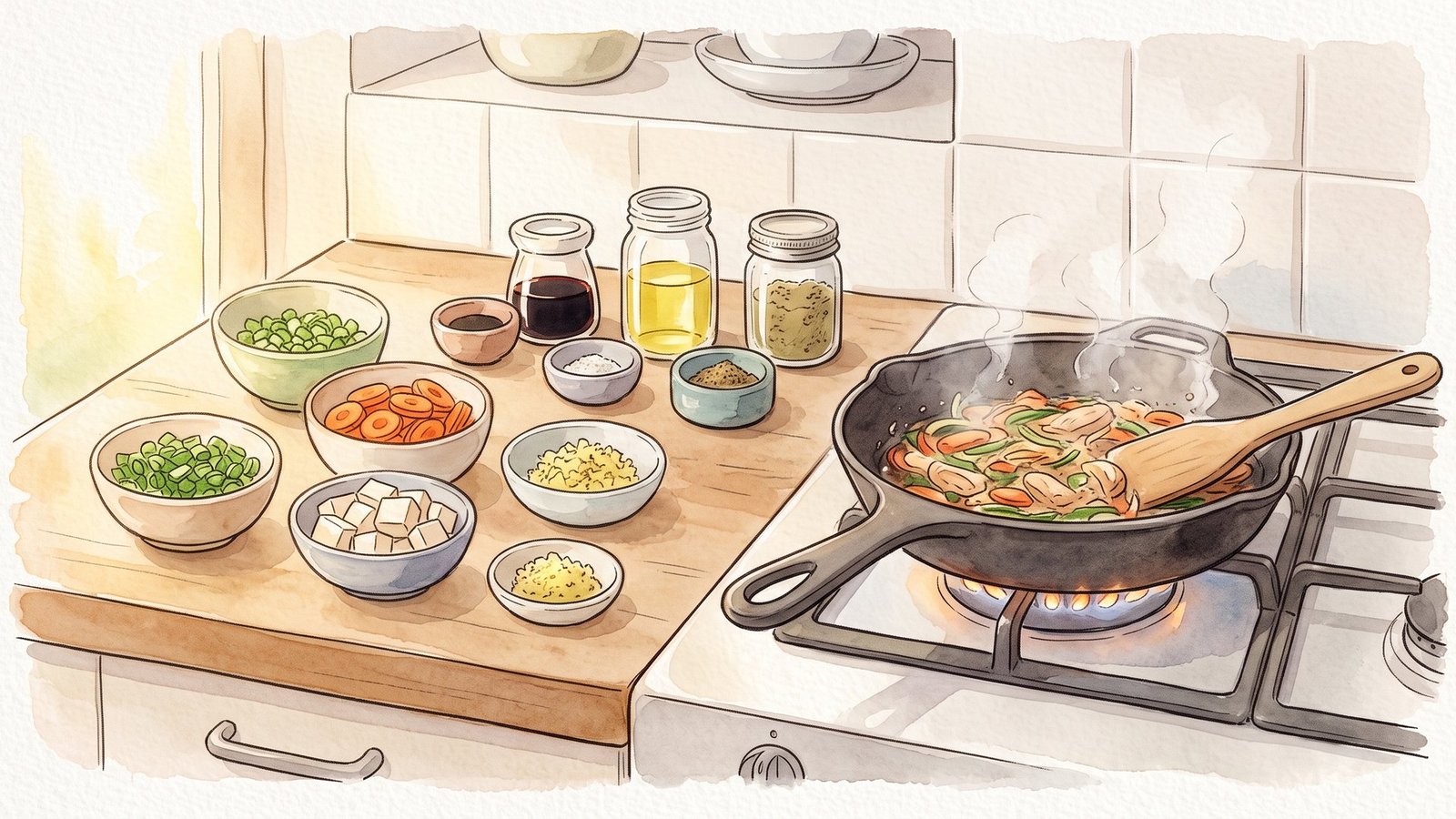 調理台に並んだカット済みの野菜と豆腐、小分けの調味料の小鉢。右のコンロではフライパンで炒め物をしている