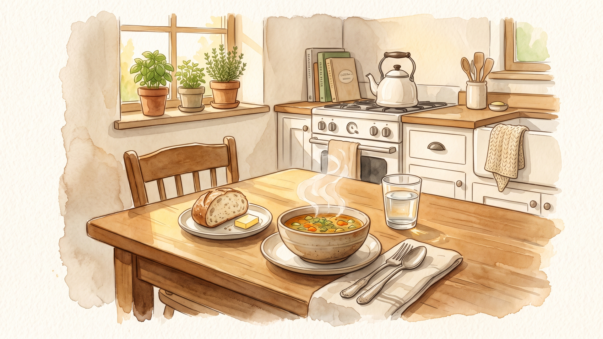 窓辺の食卓に置かれたスープとパンとグラス