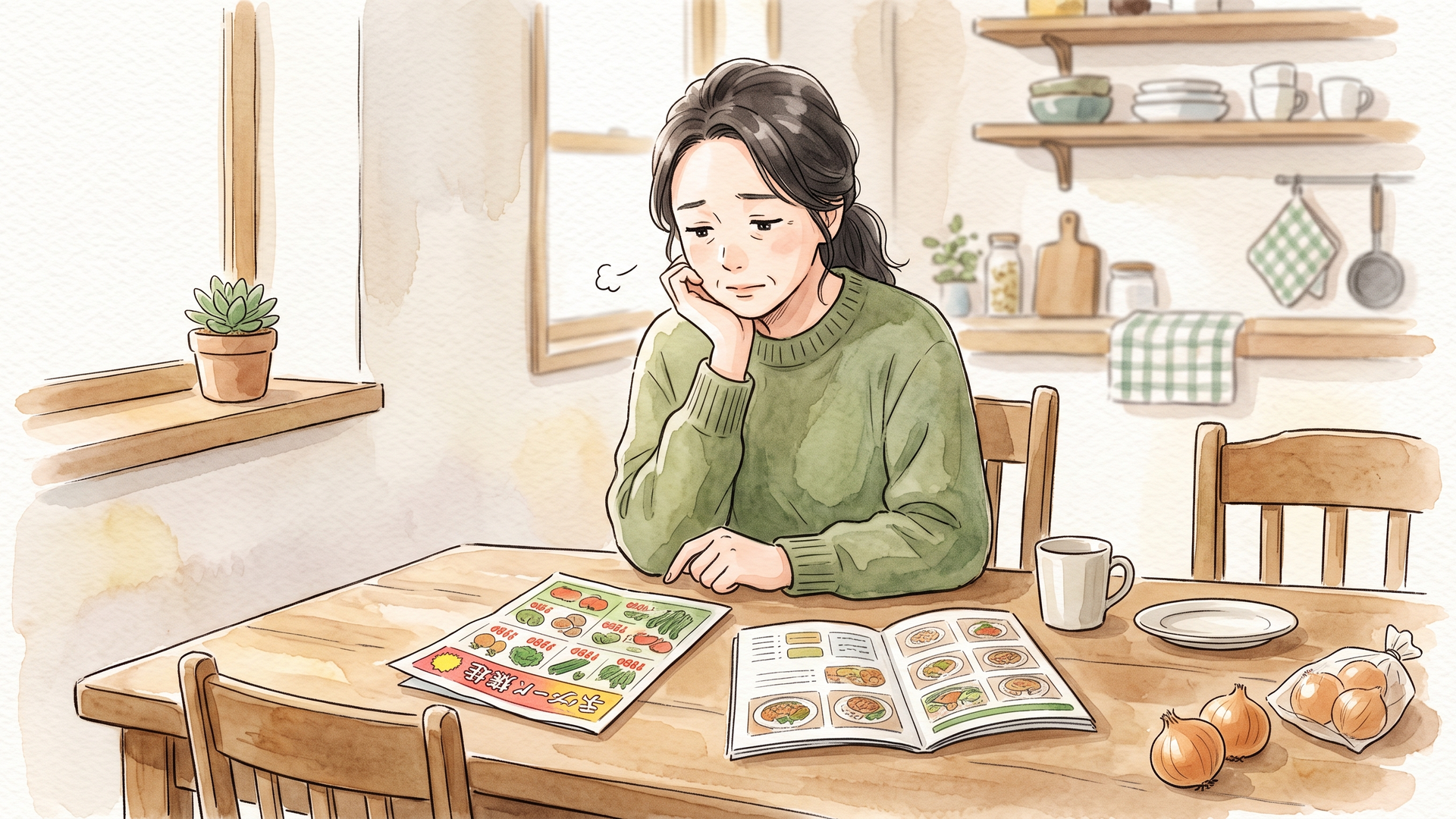 食卓でチラシとカタログを広げ、頬づえをついて考えこんでいる女性