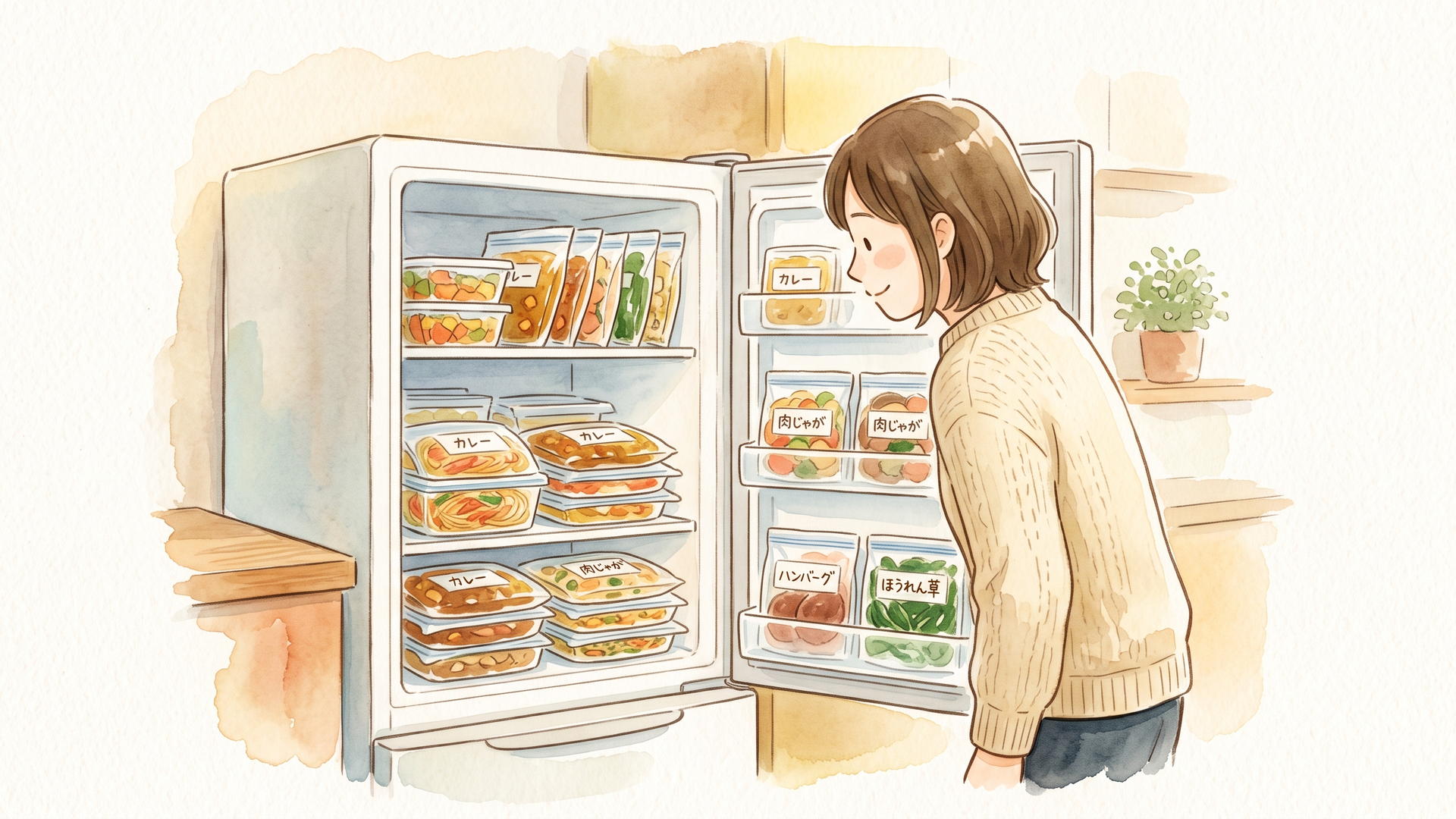 冷凍庫を開けて、小分けにした冷凍食品を見ている女性