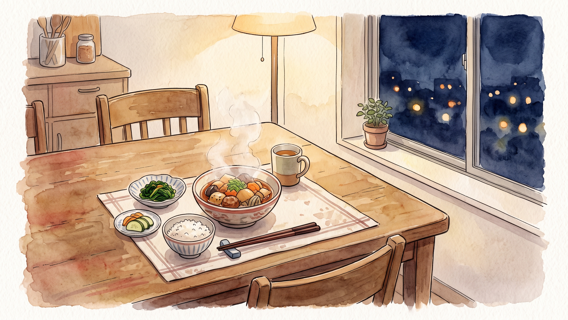 夜の食卓に並んだ一人分の夕食。煮込みの鉢とごはん、小鉢
