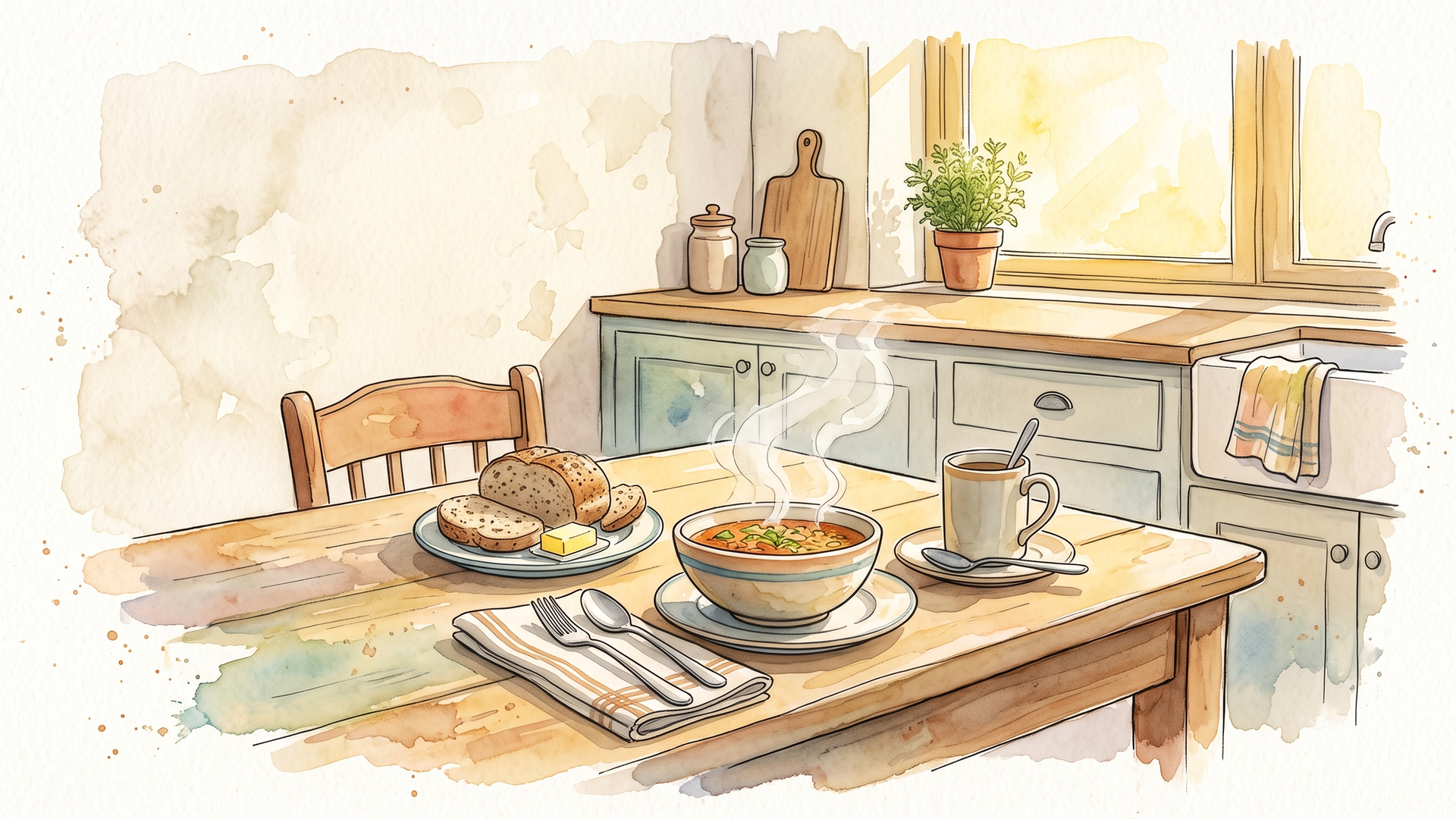 朝の食卓に置かれたスープとパン、コーヒー
