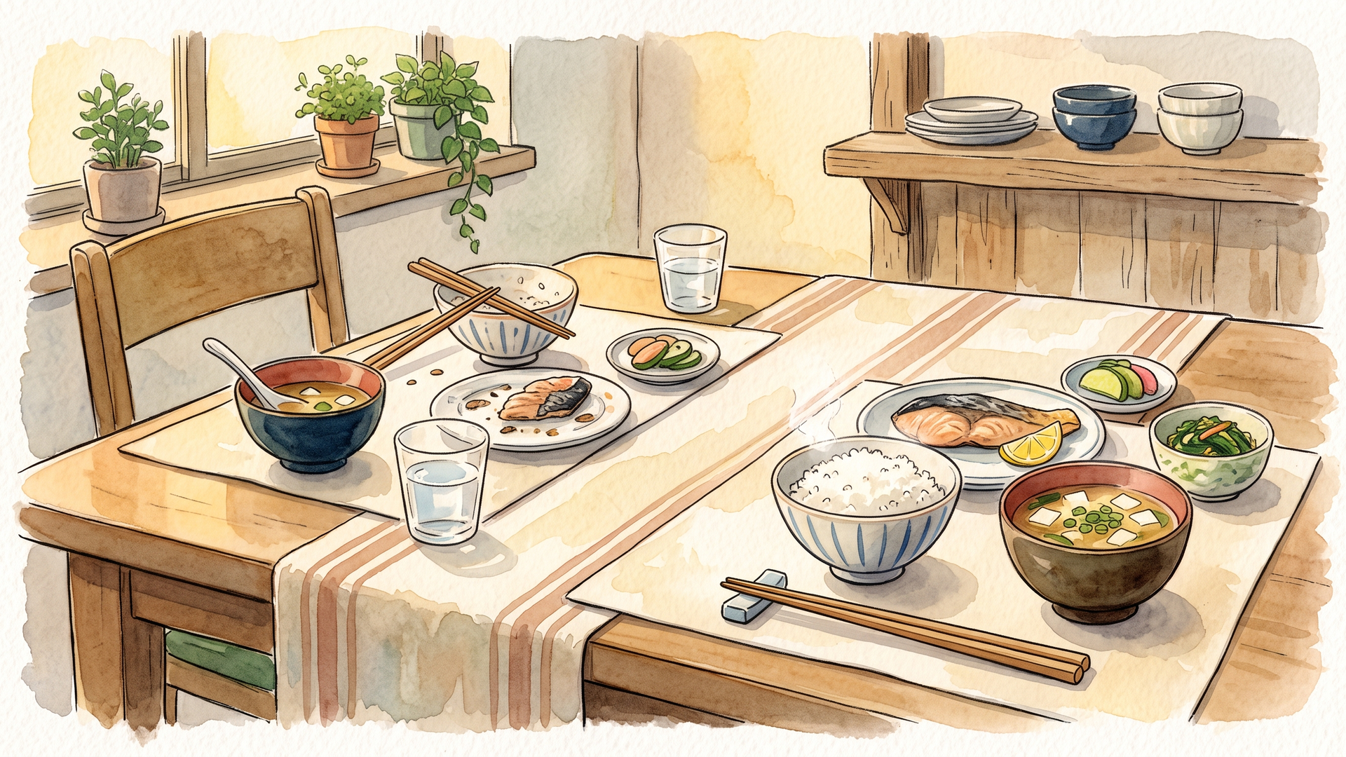 二人分の和食が並んだ食卓。焼き魚、ごはん、味噌汁、小鉢