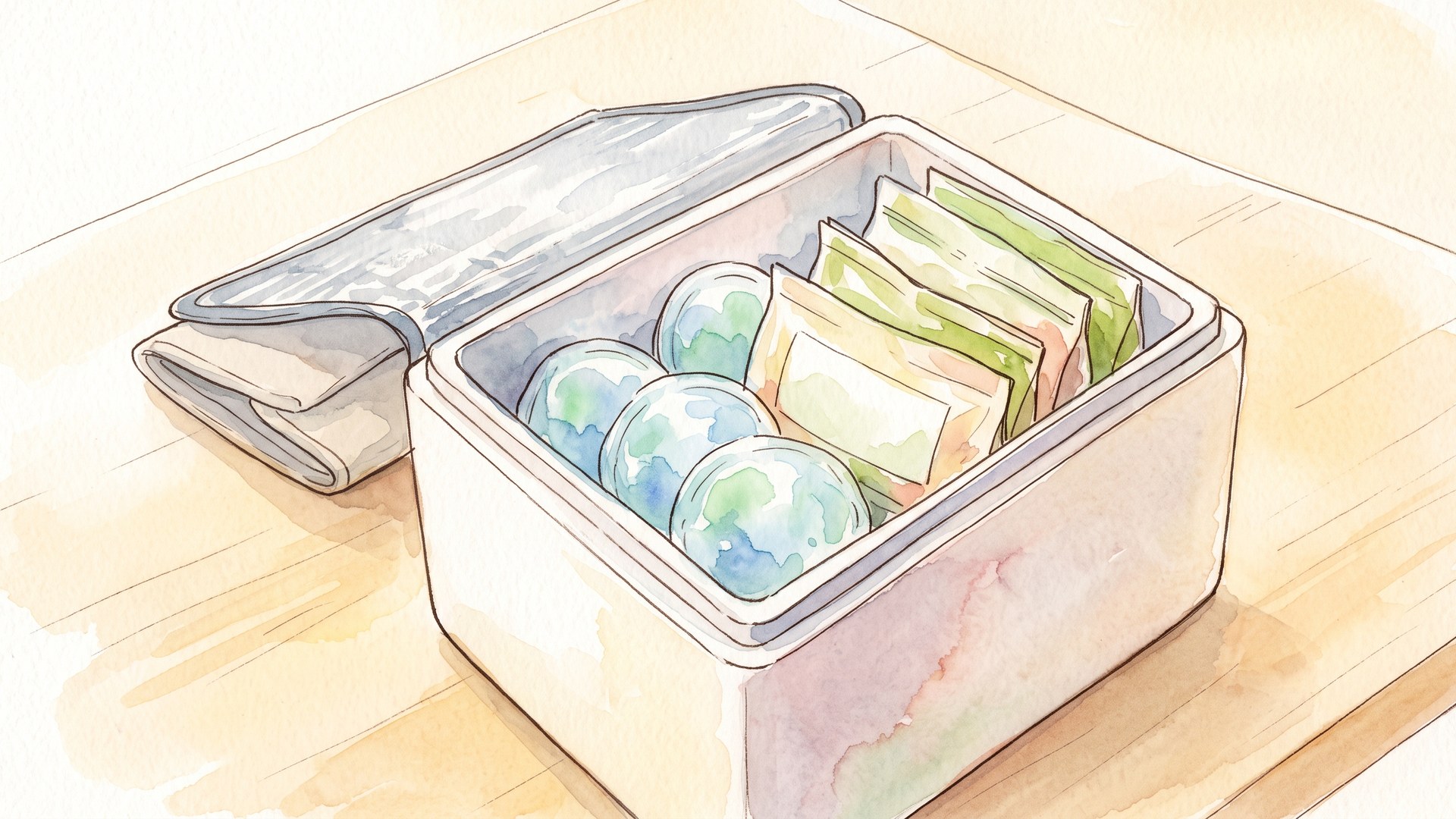 ふたを開けた保冷ボックスの中に、保冷剤と野菜の袋が入っている