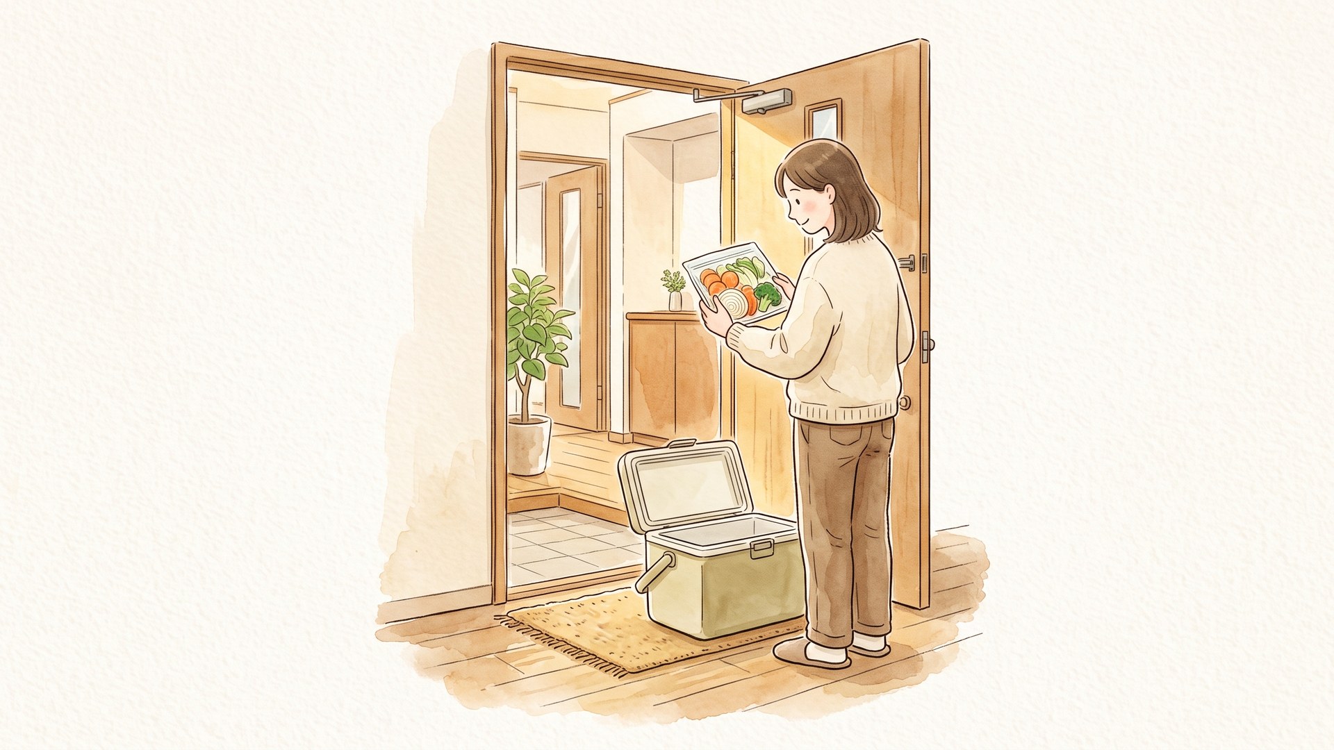 玄関先に置かれた保冷ボックスのふたを開け、取り出したカット済み野菜のパックを手にしている女性。奥は廊下と観葉植物