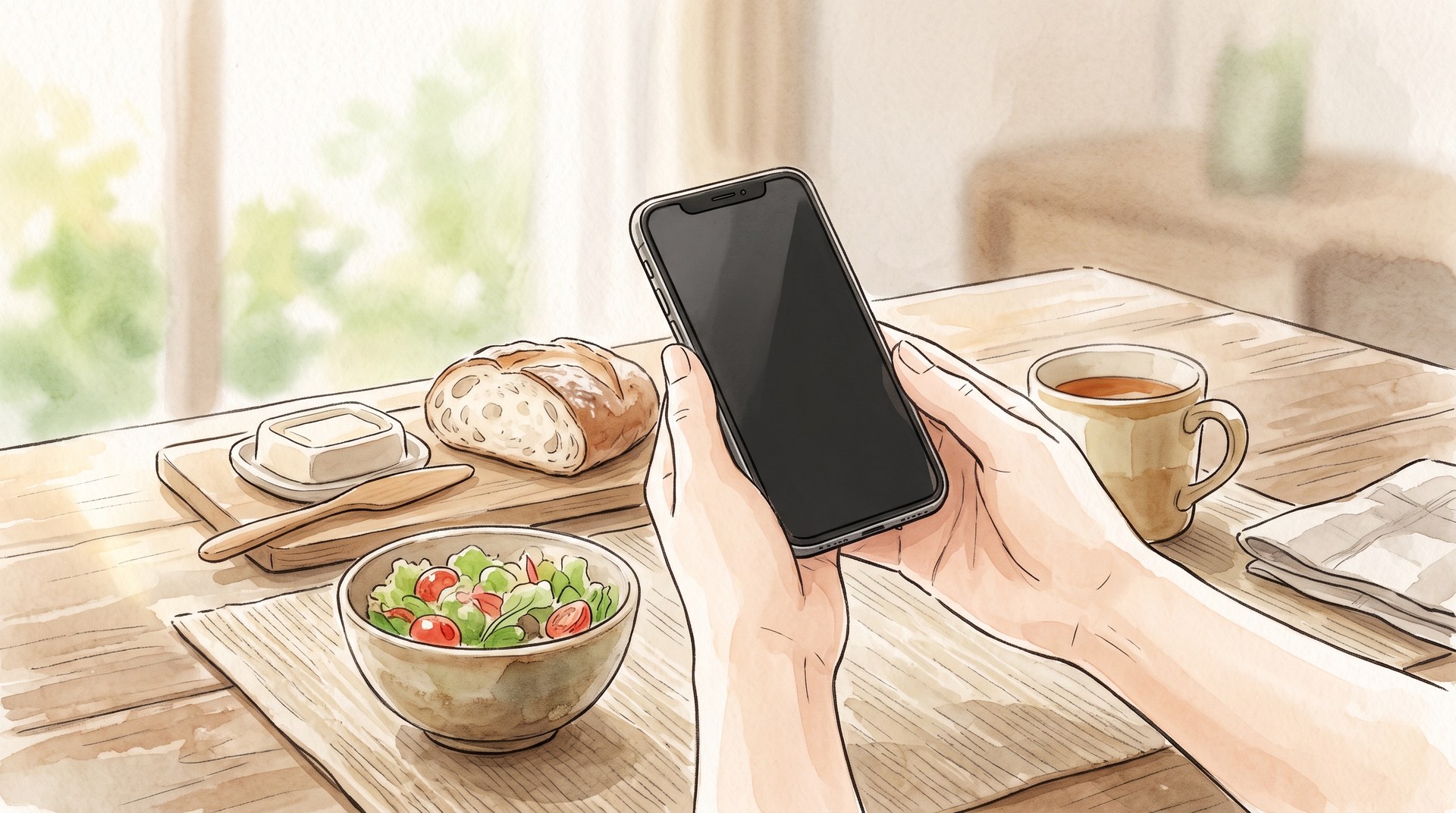 テーブルの野菜とパンを前に、スマートフォンを持っている手元