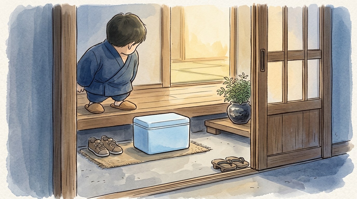 玄関の三和土に置かれた水色の保冷ボックスを、上がりかまちから見下ろしている人の後ろ姿