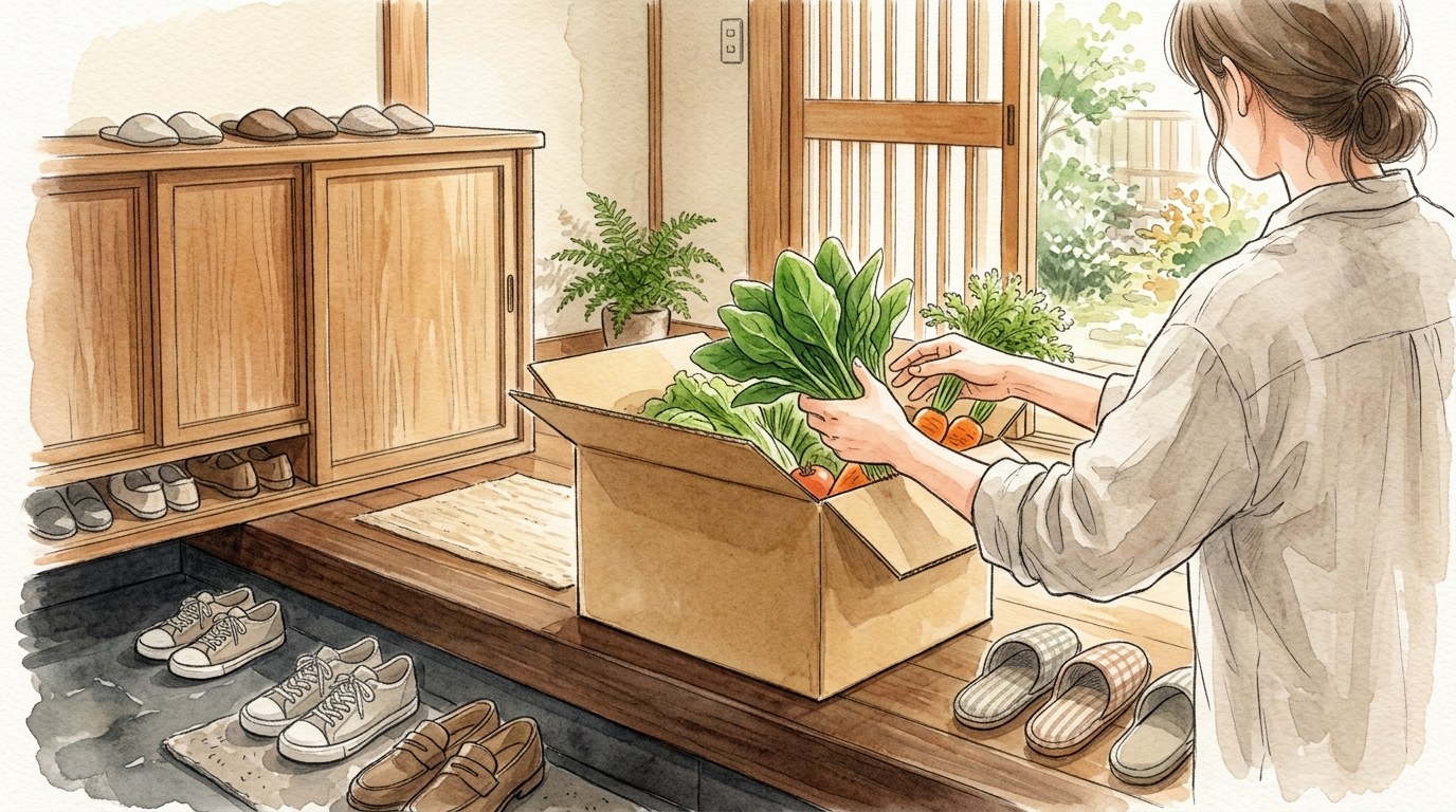 玄関に置いた段ボール箱から、届いた葉物野菜とにんじんを取り出しているところ(後ろ姿)
