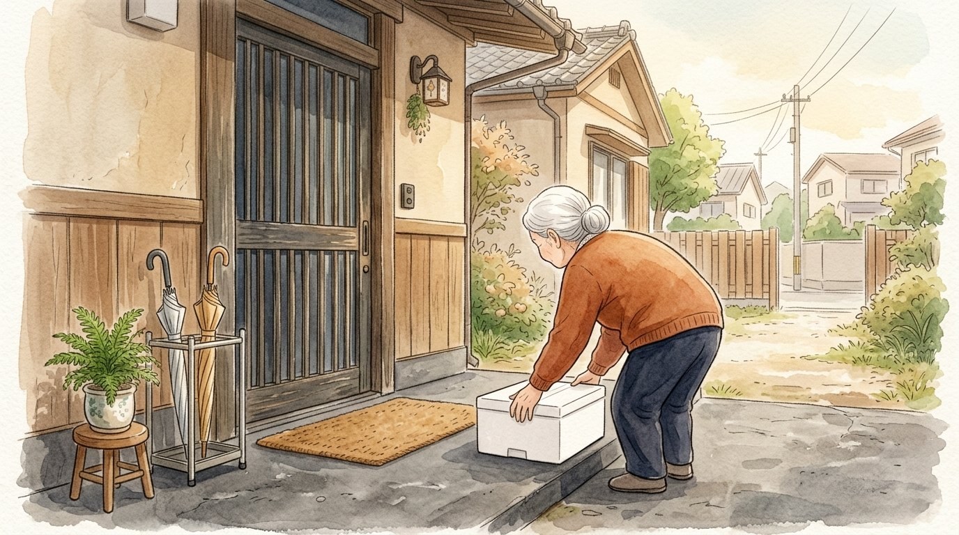 日本の住宅の玄関の外で、白髪をまとめた高齢の女性が、足元に置かれた白い発泡スチロールの宅配ボックスにかがんで手を伸ばしている