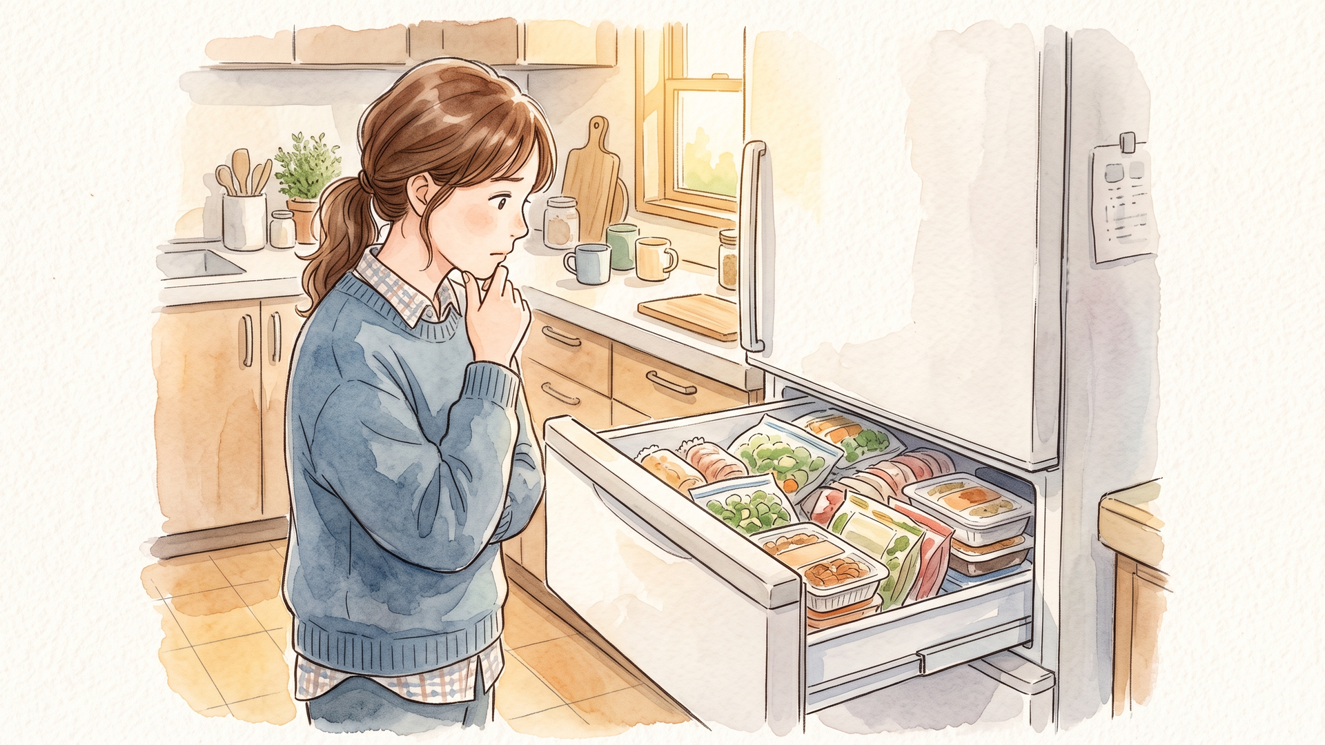 冷凍庫の引き出しを開けて、中に並んだ食品を見ている女性