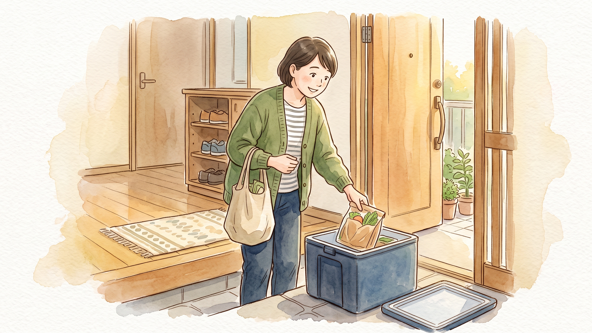 玄関で、保冷ボックスから食材の袋を取り出している女性
