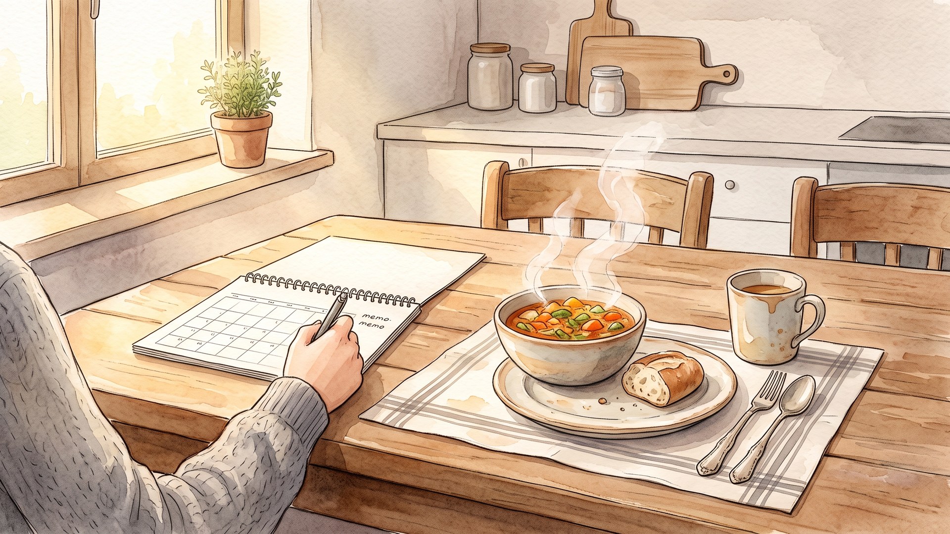 食卓でカレンダーに書き込んでいる手元。横に野菜スープの器とパン、マグカップが置かれている