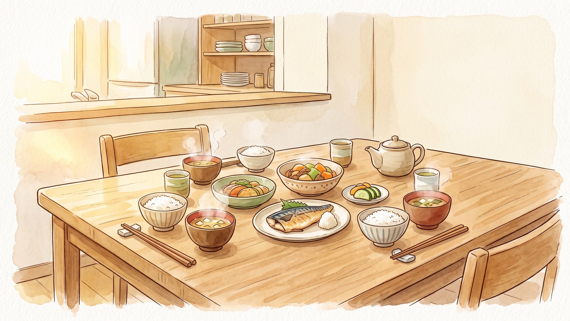 食卓に並んだ和食の夕飯。焼き魚と煮物2品、漬物に、ごはんと汁物が3人分
