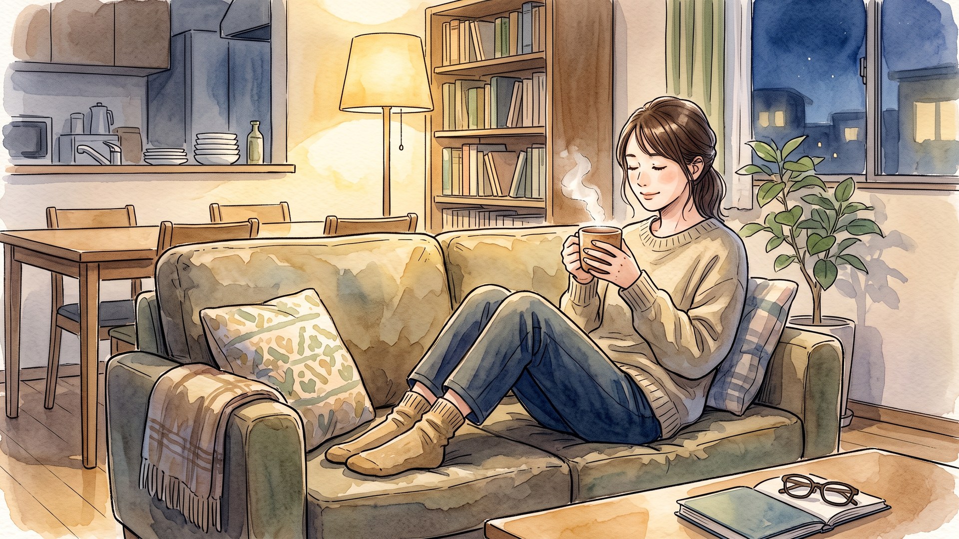 夜のリビングのソファで、マグカップを両手で持ってひと息ついている女性の横顔