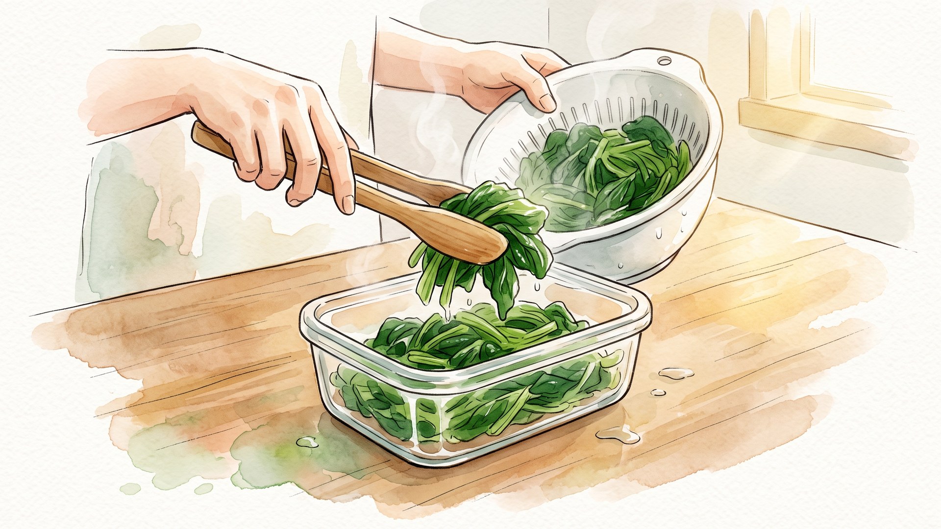 下茹でした葉物野菜を、ざるから菜箸でガラスの保存容器に移している手元