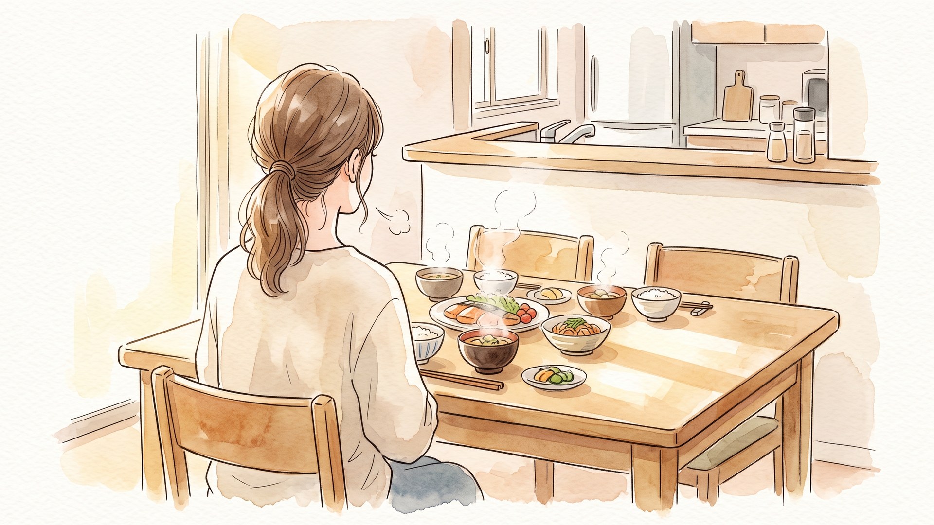 夕食の支度を終えて、湯気の立つ料理が2人分並んだ食卓に着いた女性の後ろ姿。奥は対面キッチン