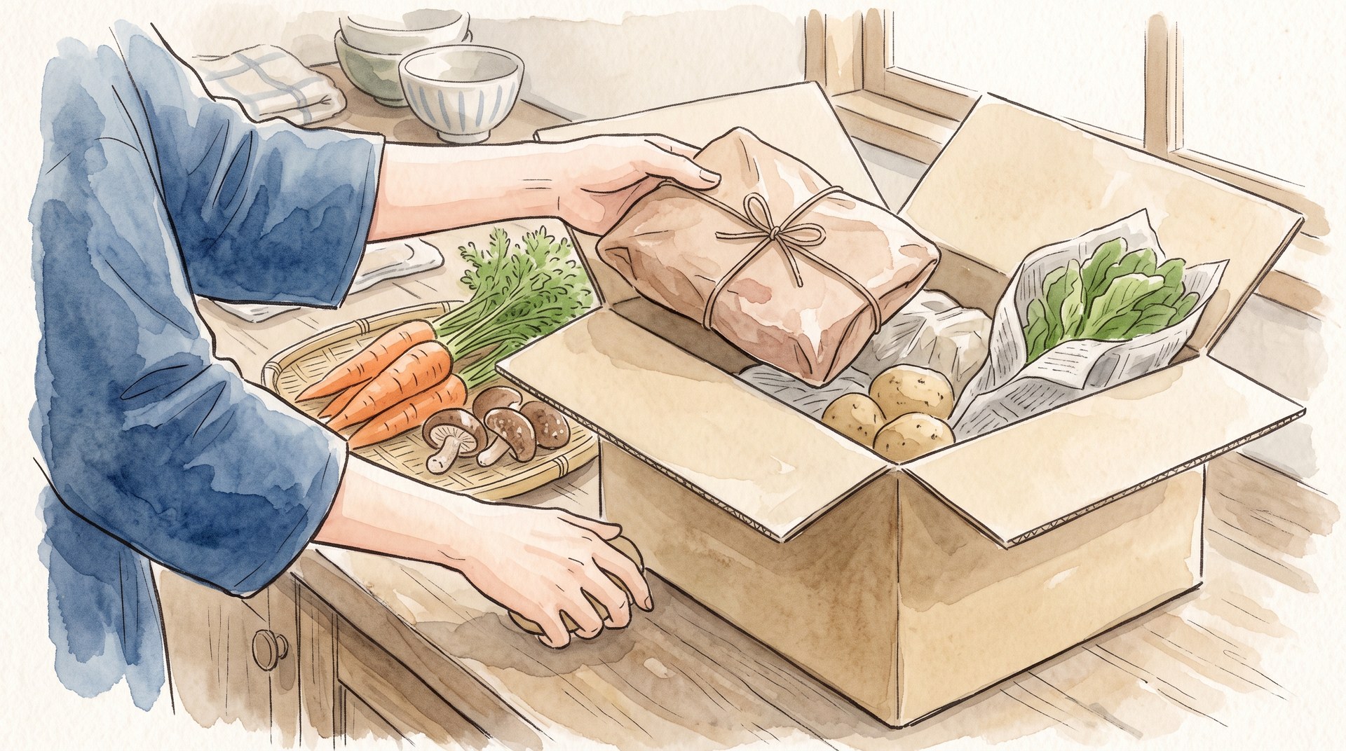 台所のカウンターで、届いた箱から野菜と肉のパックを取り出している手元