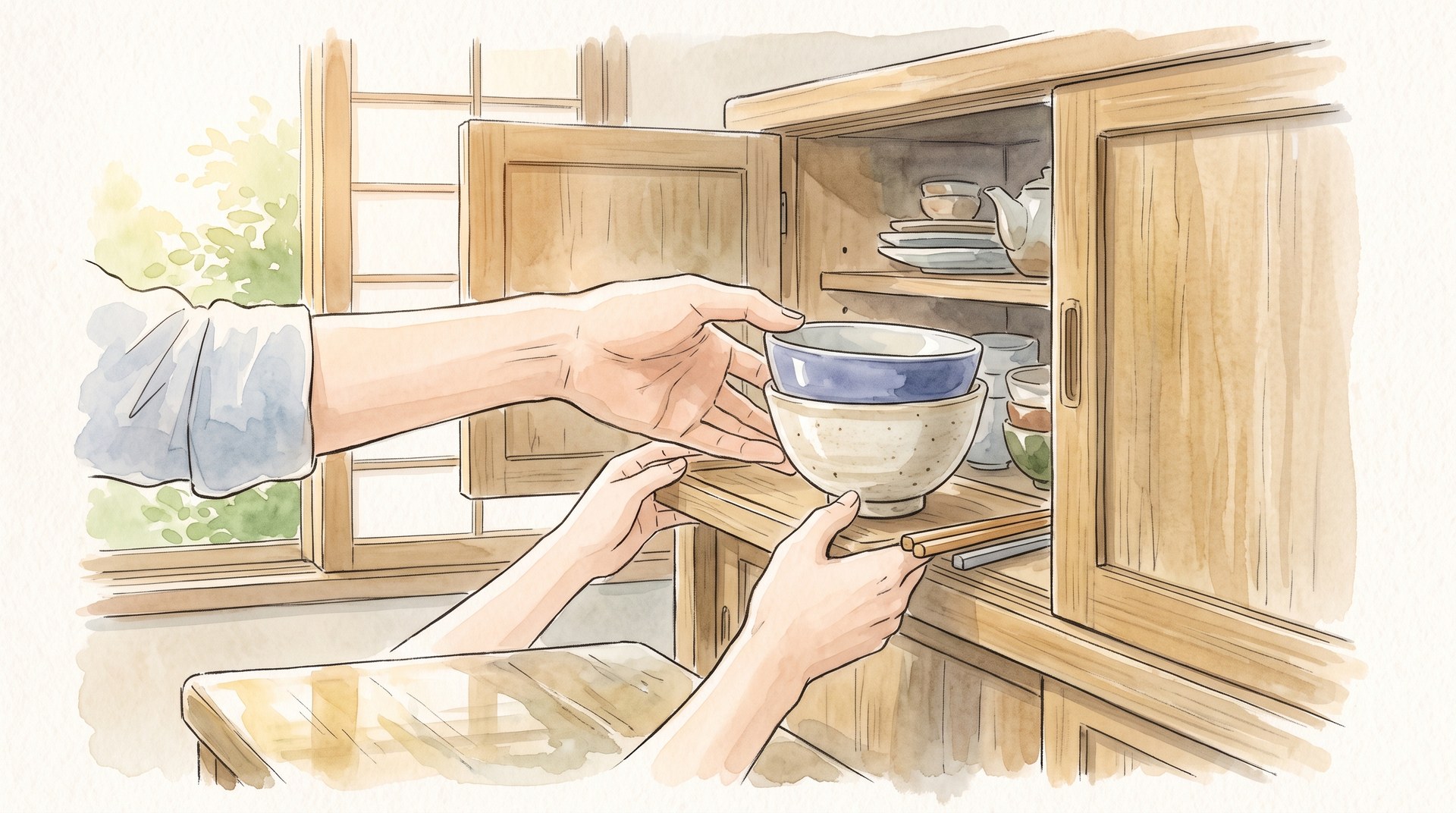 食器棚から二人分の食器を出している手元