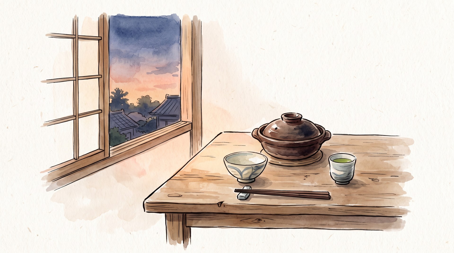 ひとり分の小さな土鍋と茶碗が置かれた夕暮れの食卓
