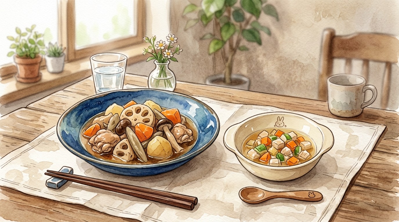 食卓に、大人用の筑前煮を盛った大皿と、そこから取り分けて細かく切った子ども用の小鉢が並んでいる