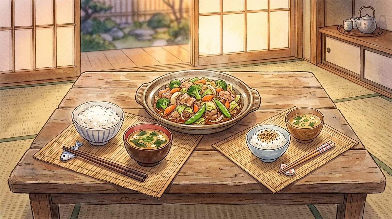 夕方の食卓に親子2人分の夕飯が並んでいる。ごはんの茶碗と汁椀が2つずつ、真ん中に肉と野菜の炒めものの大皿
