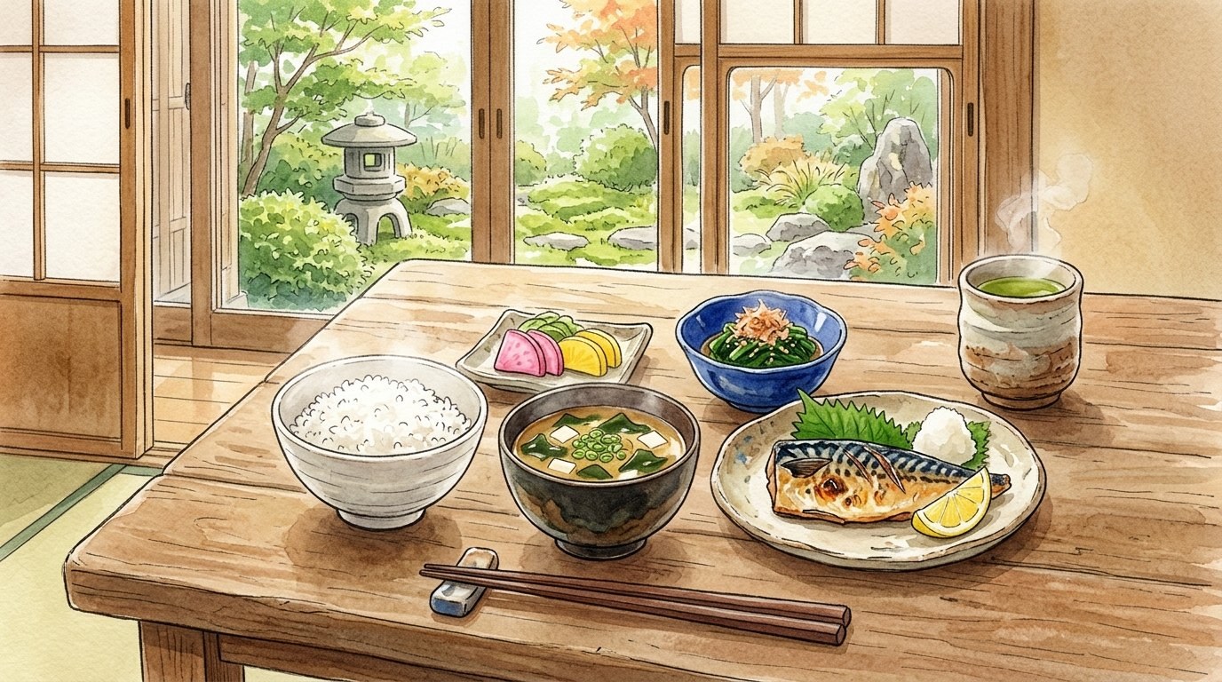 縁側に面した木の食卓に並んだ一人分の和食。ごはん、豆腐とわかめの味噌汁、焼き魚、ほうれん草のおひたし、漬物、湯呑みの緑茶