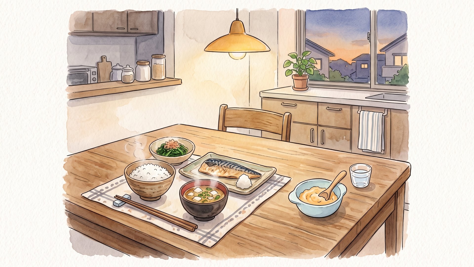 夕暮れの台所の食卓。大人の献立（ごはん・味噌汁・焼き魚・おひたし）の隣に、取り分けた離乳食の小さな器と木のスプーン