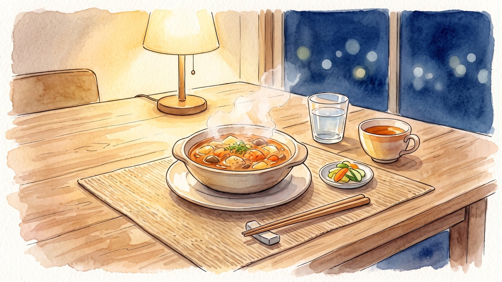 夜の食卓に置かれた一人分の煮込み料理。土鍋風の器と、箸、お茶、水のグラス、漬物の小皿。窓の外は夜の街あかり