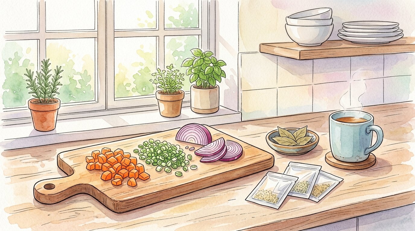 まな板の上に刻んだにんじん・ねぎ・紫玉ねぎ、横に小分けの調味料パックとローリエの小皿