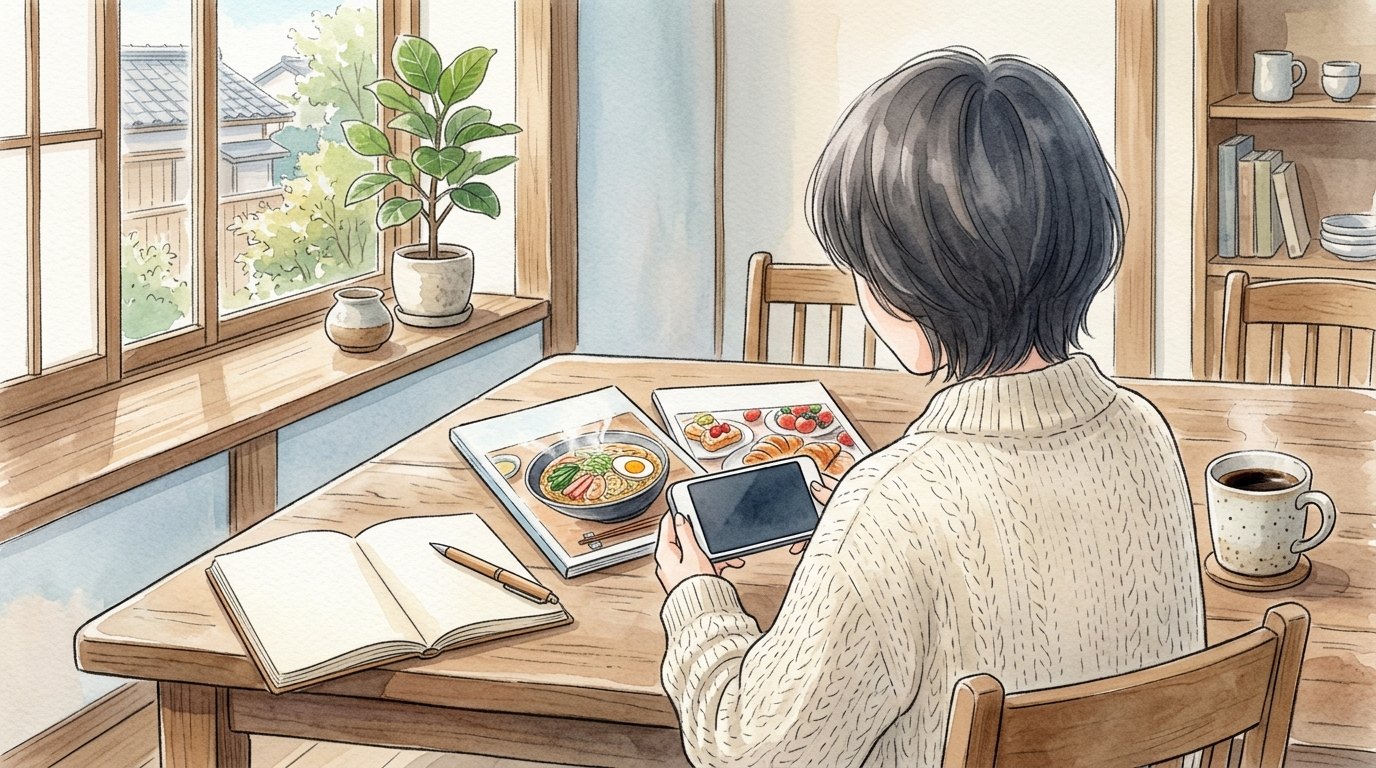 食卓でスマートフォンを見ている人の後ろ姿。テーブルには料理の雑誌と開いたノート、コーヒー