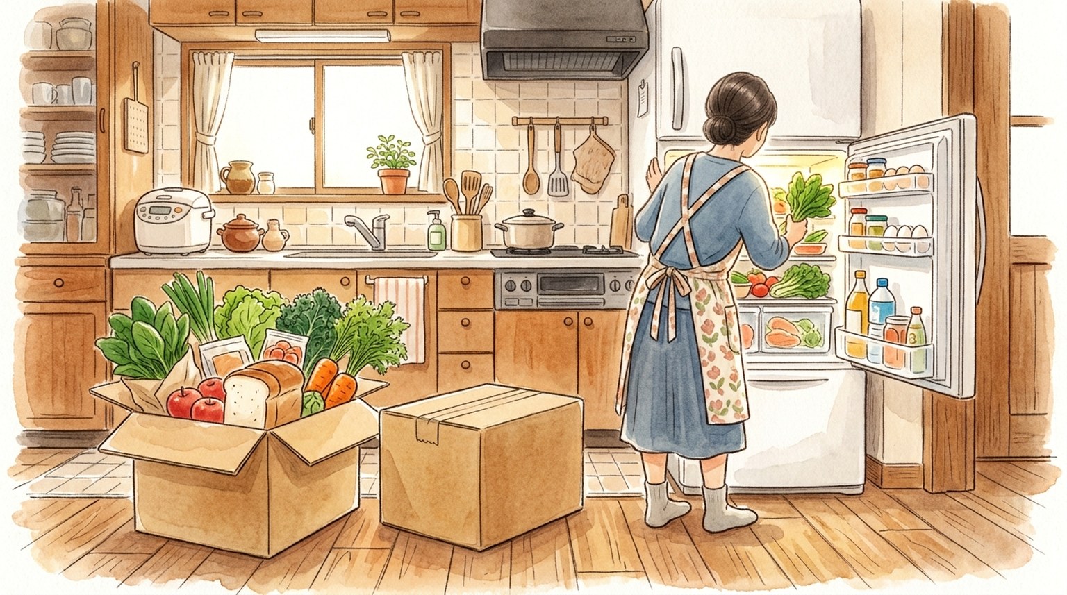届いた食材宅配の段ボール箱が床にあり、その野菜を冷蔵庫にしまっている人の後ろ姿
