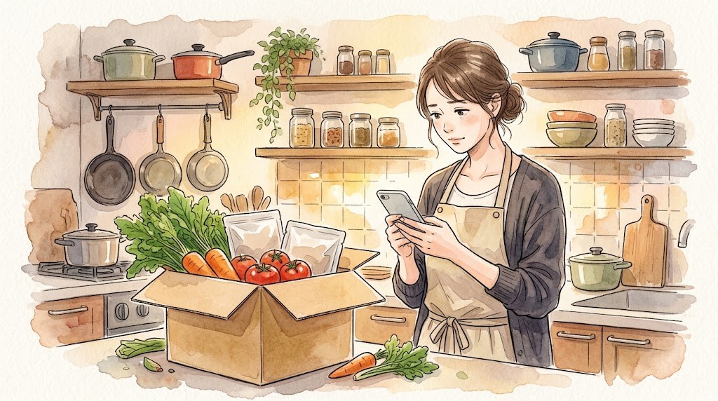 明るい台所で、届いた食材の段ボール箱を前にスマートフォンの口コミを読んで考え込む女性。箱には人参・トマト・葉物と無地の小袋が入っている