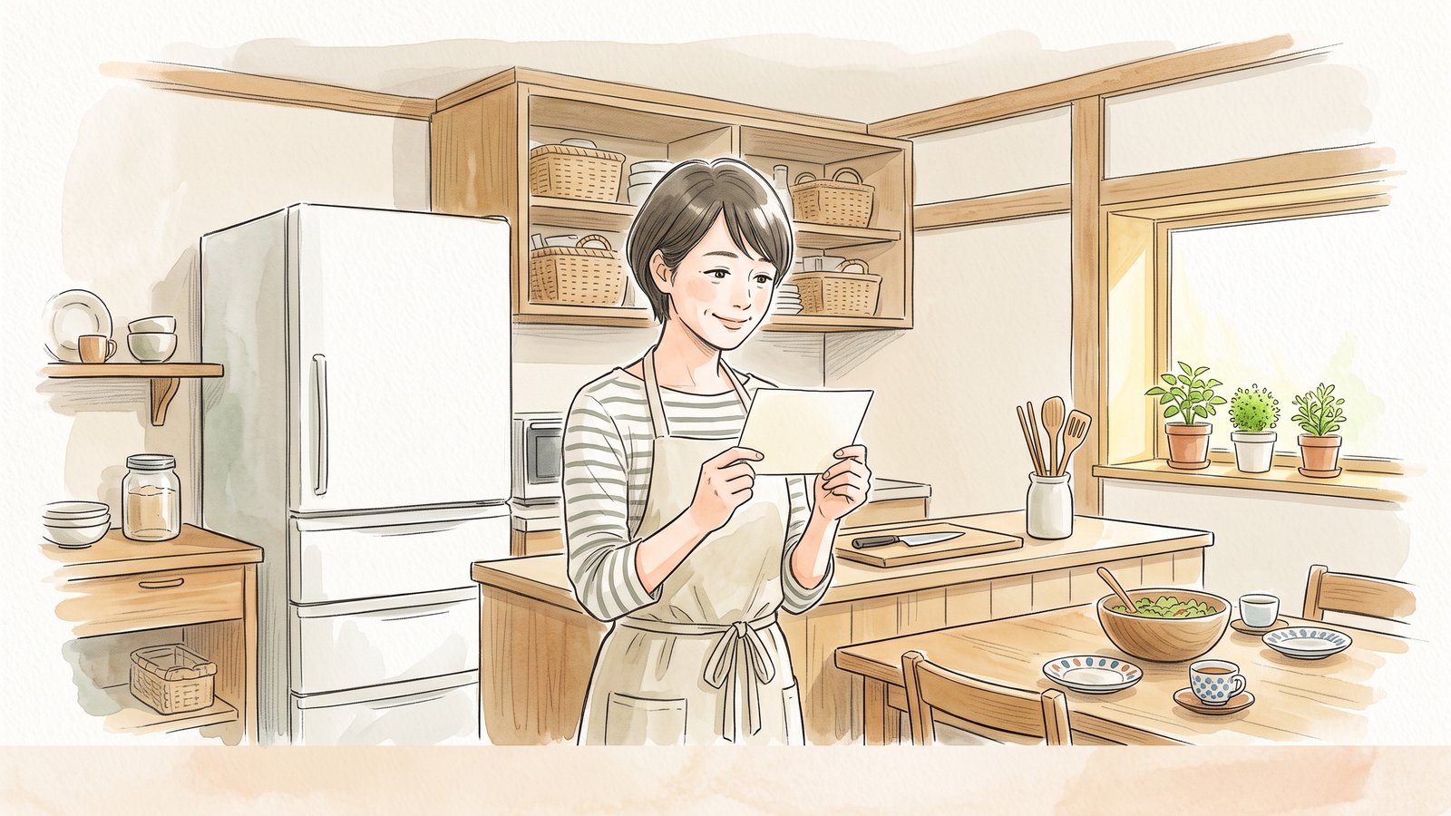 明るい台所で、宅配で届いた献立のカードを両手に持って見ている女性。奥のダイニングテーブルにはサラダのボウルと取り皿、窓辺には小さな鉢植え