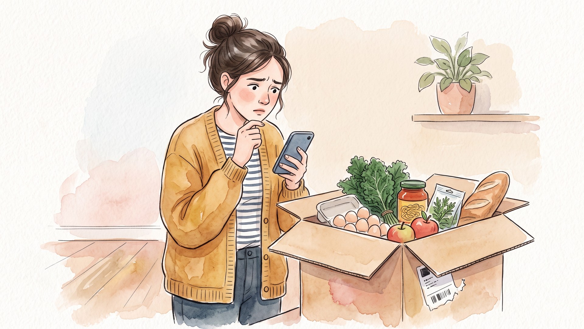 カーディガン姿の女性が、届いた段ボール箱の食材を前にスマートフォンの口コミを読んで困った顔をしている。箱には卵・葉物・瓶詰め・パンなどが入っている