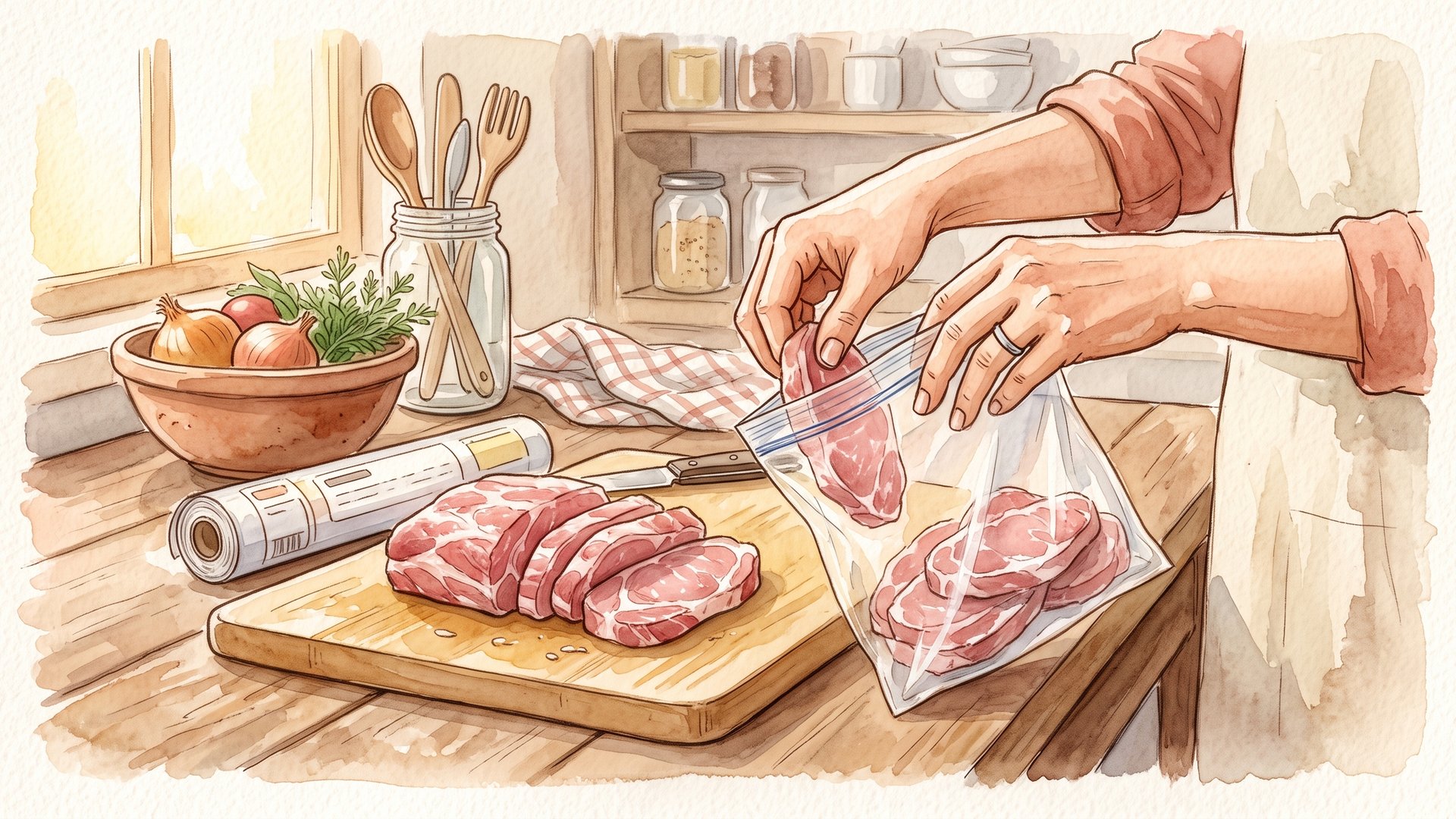 まな板の上で豚の薄切り肉を1回分ずつに分け、保存袋に平らに入れているところ。横にラップと玉ねぎがある