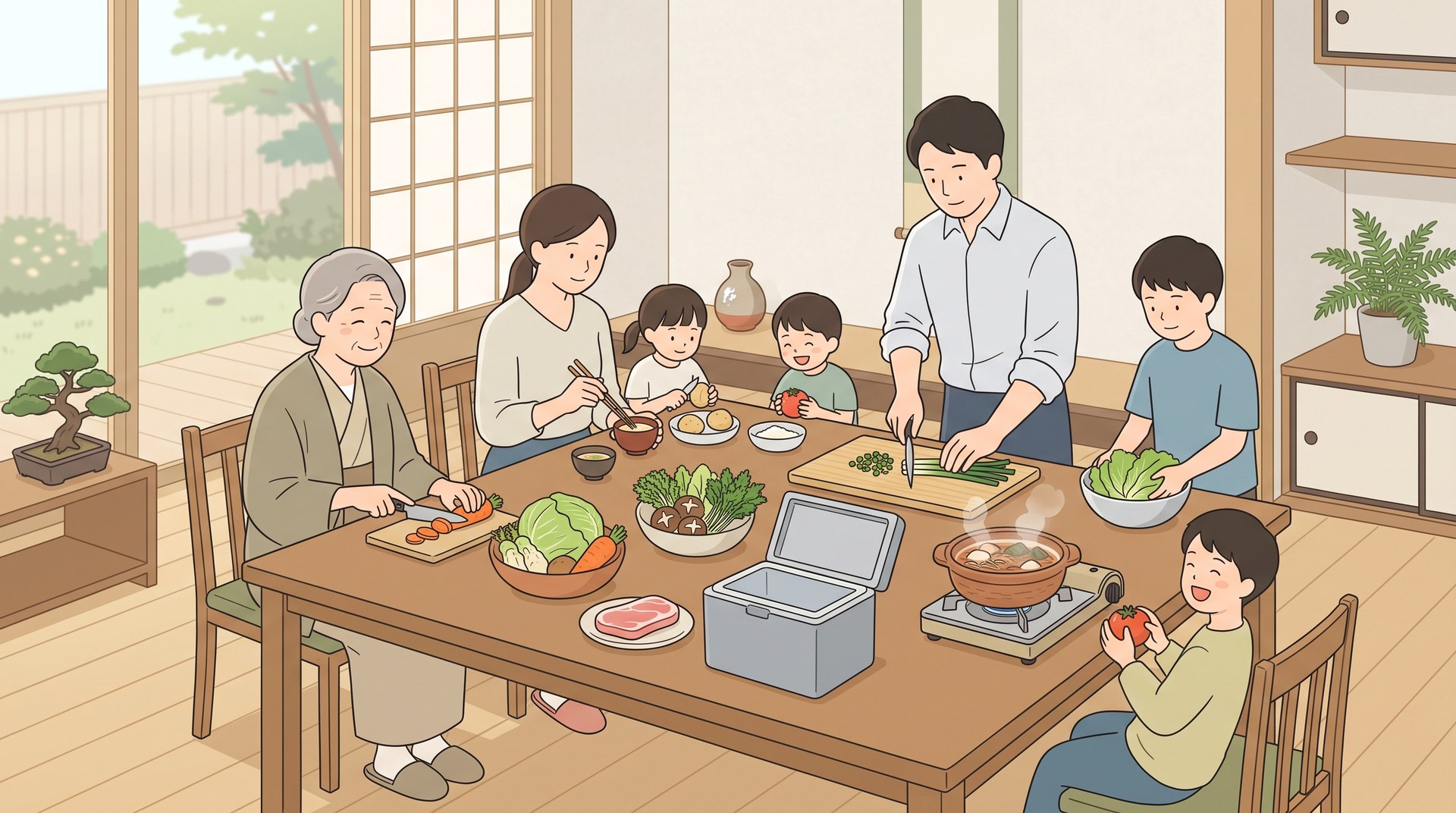 祖母と両親、子ども3人の6人家族が、保冷ボックスから出した食材でいっしょに夕食の支度をしている様子