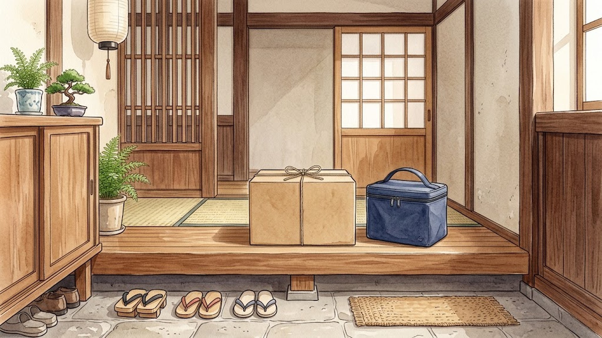 日本の家の玄関の上がり口に、週に一度まとめて届く宅配の段ボール箱と、毎日届く冷蔵の保冷バッグが並べて置かれている