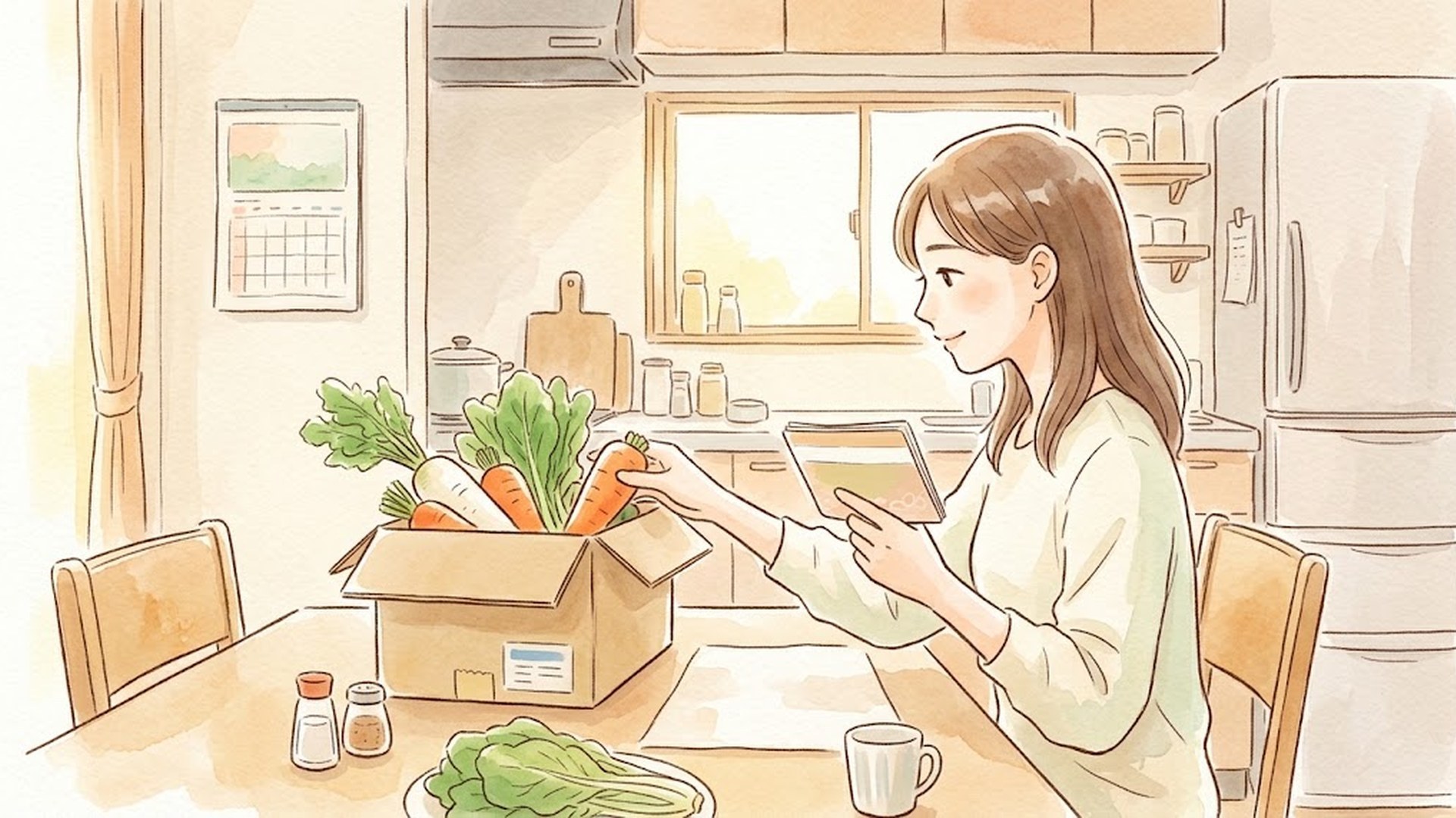 宅配の箱から野菜を取り出しながら、もう一方の手で通帳を見ている女性