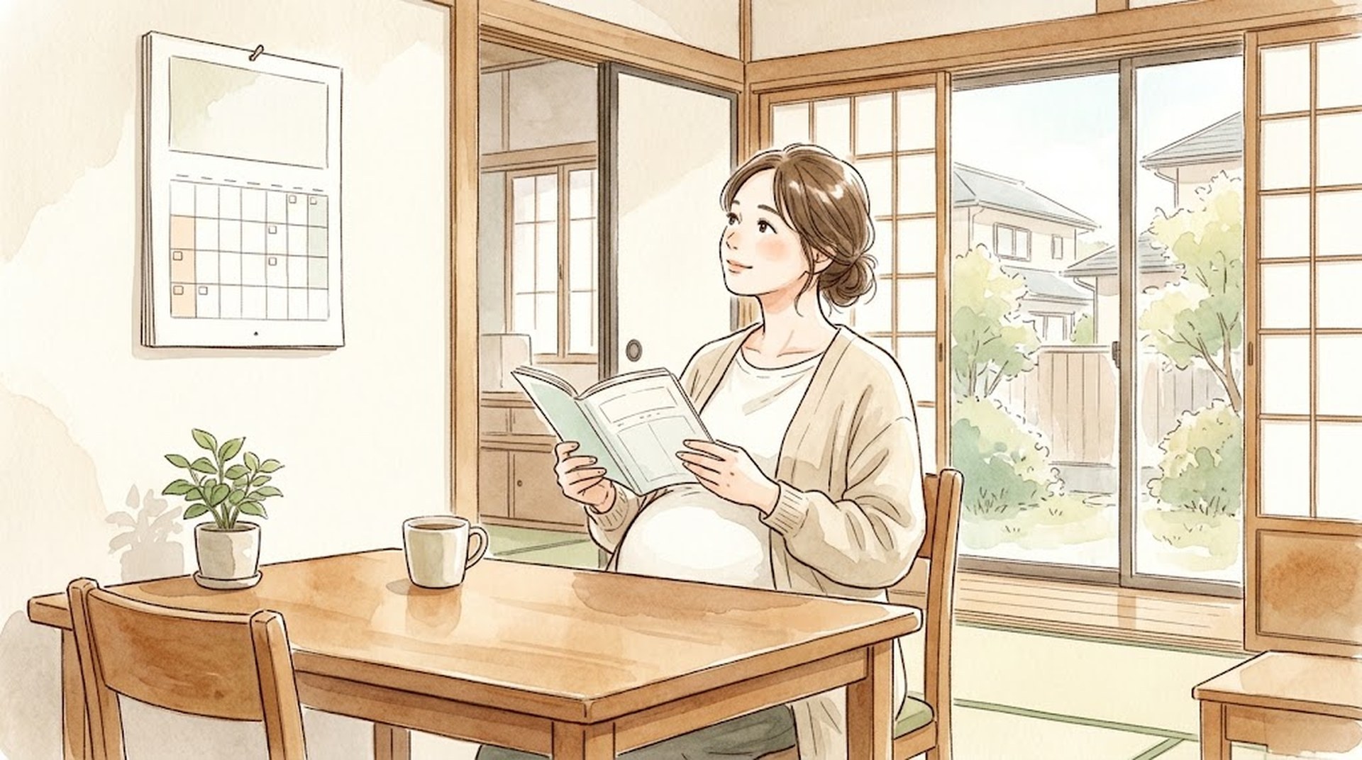 窓辺の机でカレンダーを見上げながら母子健康手帳を開く妊婦