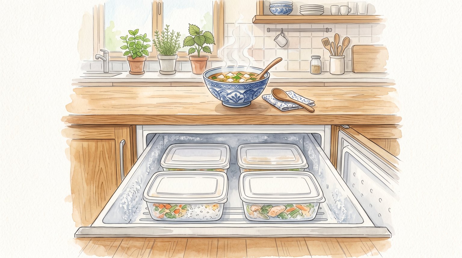 引き出し式の冷凍庫を開けたところ。冷凍のおかずパックが4つ並び、上のカウンターには温めた汁物の器が置いてある