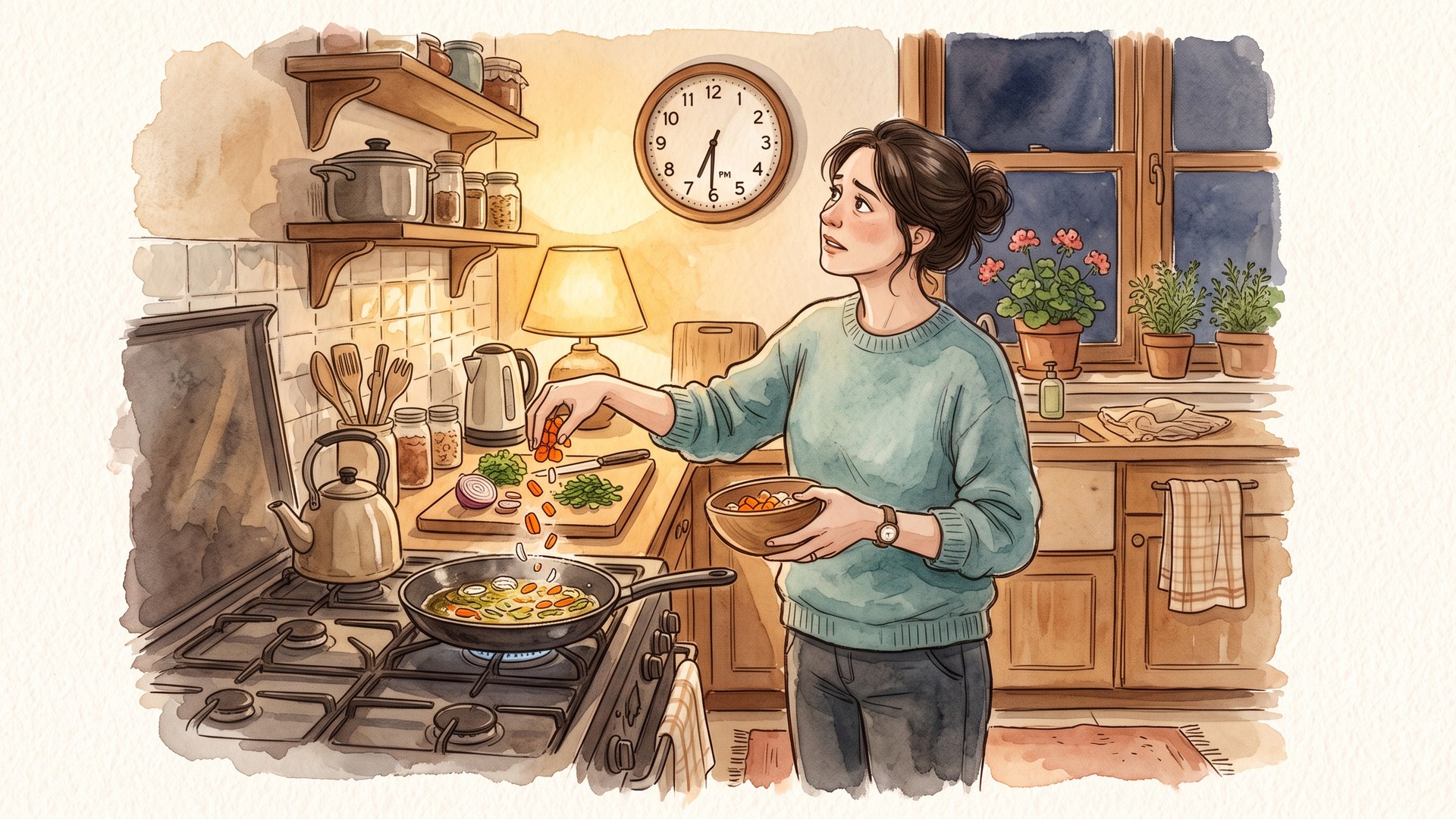 夕方の台所で、時計を見上げながらフライパンに野菜を入れている女性。一番疲れている曜日に作れるかを考えている場面