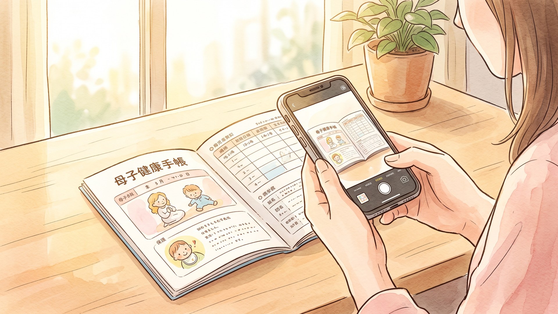 母子健康手帳を開き、スマートフォンで該当ページを撮影する人