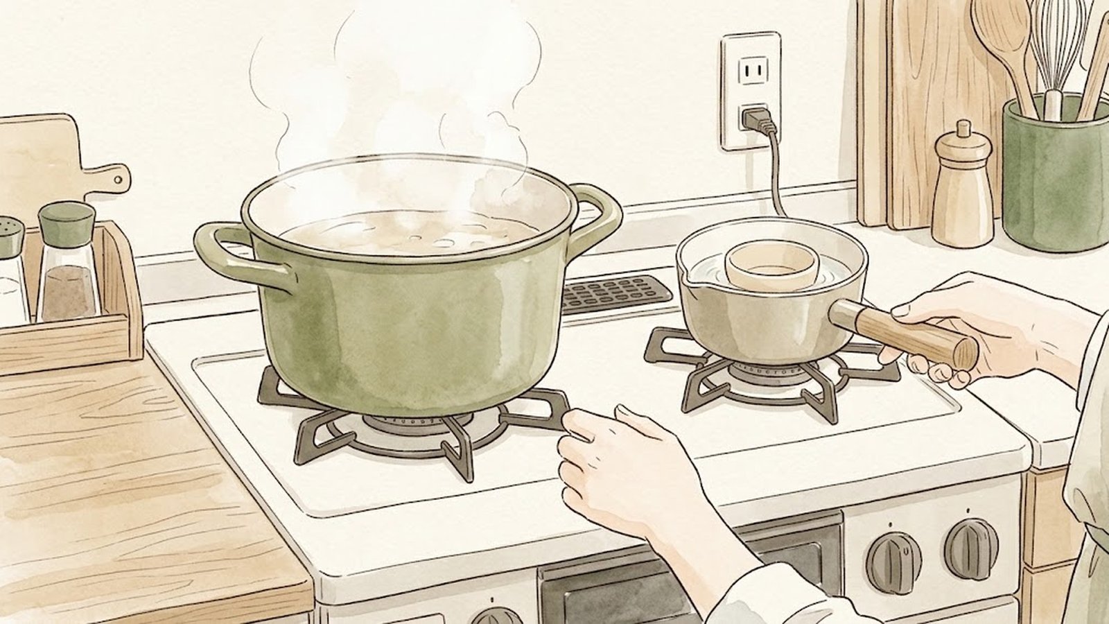 コンロで大人用の鍋を火にかけながら、となりの小鍋で赤ちゃん用の器を湯せんしているところ