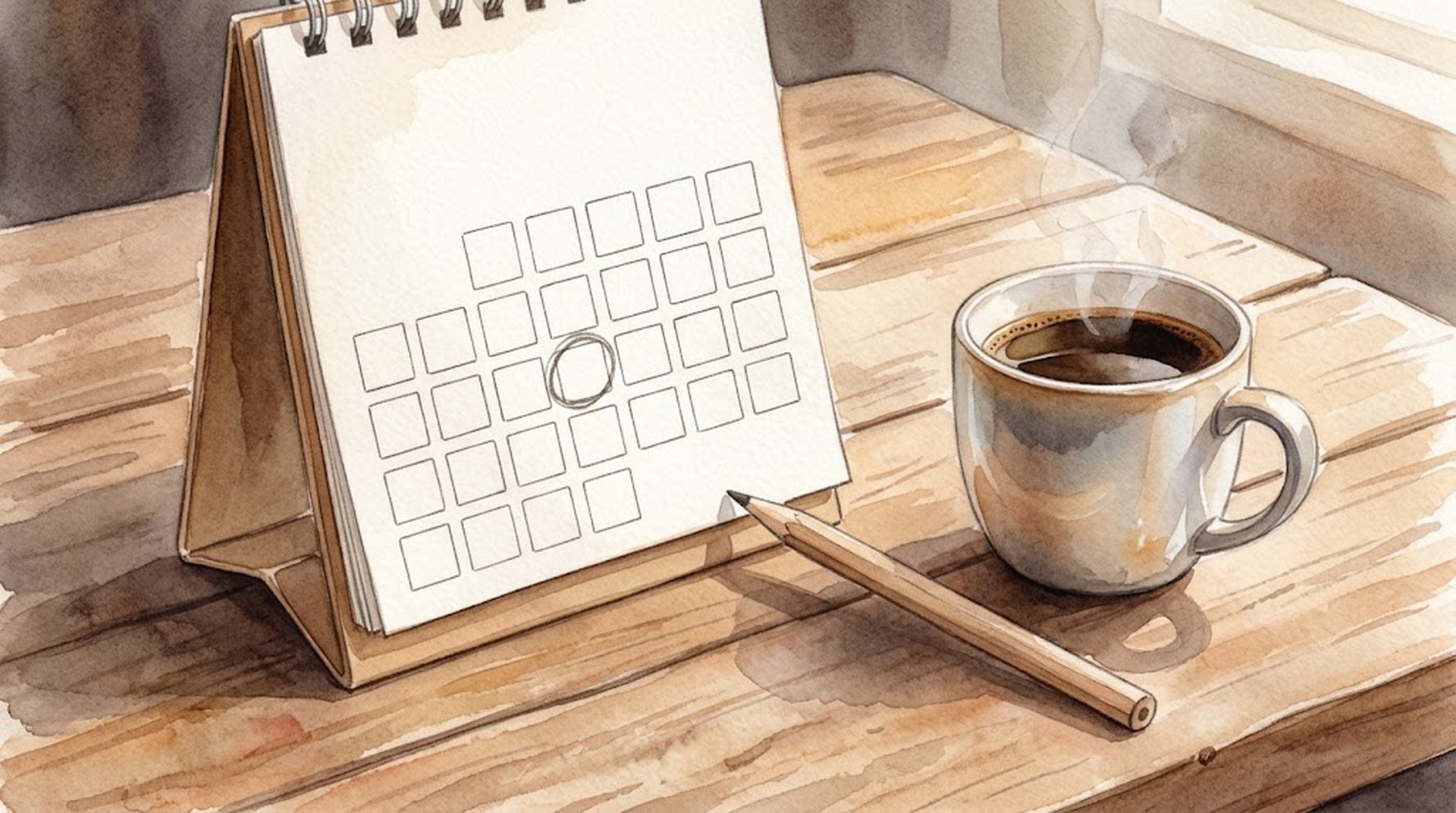 木のテーブルに置いた卓上カレンダーの1日分のマスに丸印が付き、鉛筆とコーヒーが並んでいる