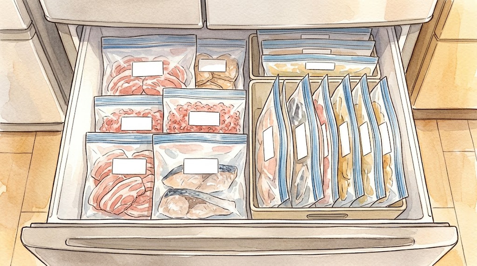 冷凍庫の引き出しを上から見たところ。豚の薄切り肉・ひき肉・魚の切り身を1回分ずつ平らにならした保存袋と、立てて並べた保存袋が仕切られて入り、どの袋にも日付と中身を書くための白いラベルが貼ってある