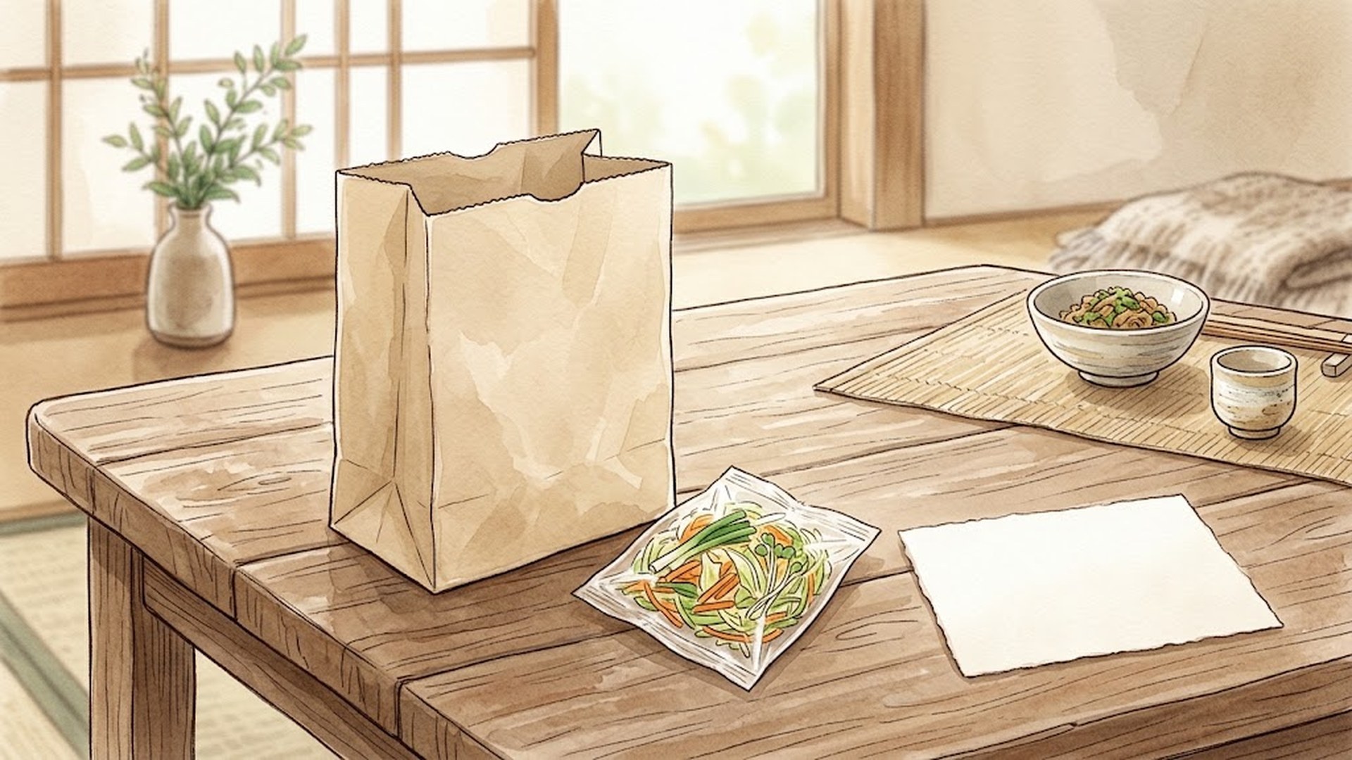 日本の家の食卓に、無地の紙袋が開いて置かれ、横にカット済みの野菜が入った袋と1枚のカードが並んでいる