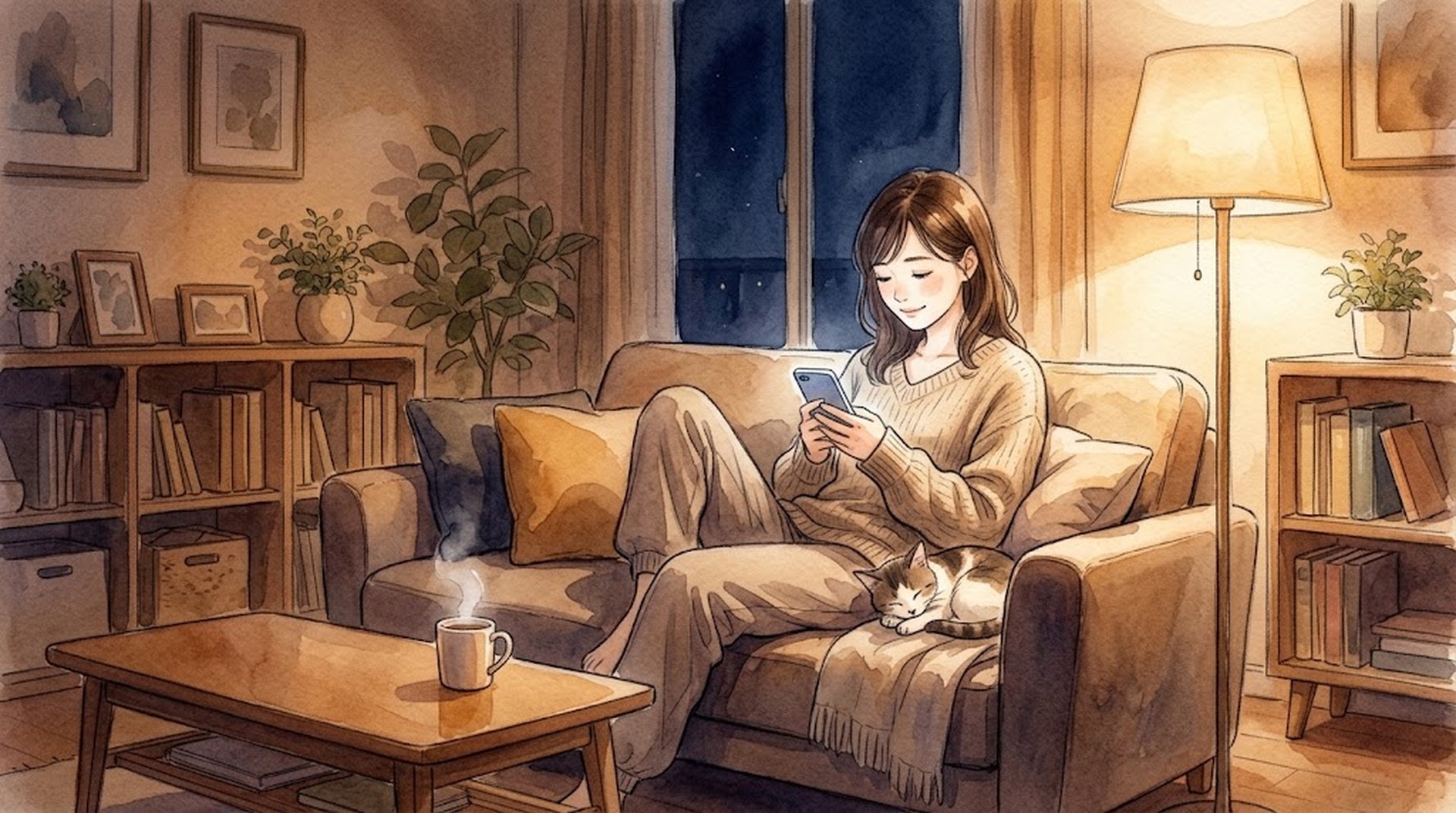 夜のリビングのソファで、女性がスマートフォンを見ながらそばで丸まった猫と過ごしている