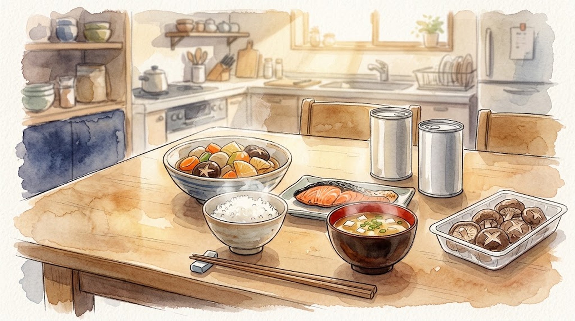 週の後半の食卓。根菜としいたけの煮物、白いごはん、豆腐とねぎの味噌汁、焼き鮭が並び、横に常温ストックの缶詰と乾しいたけが置いてある