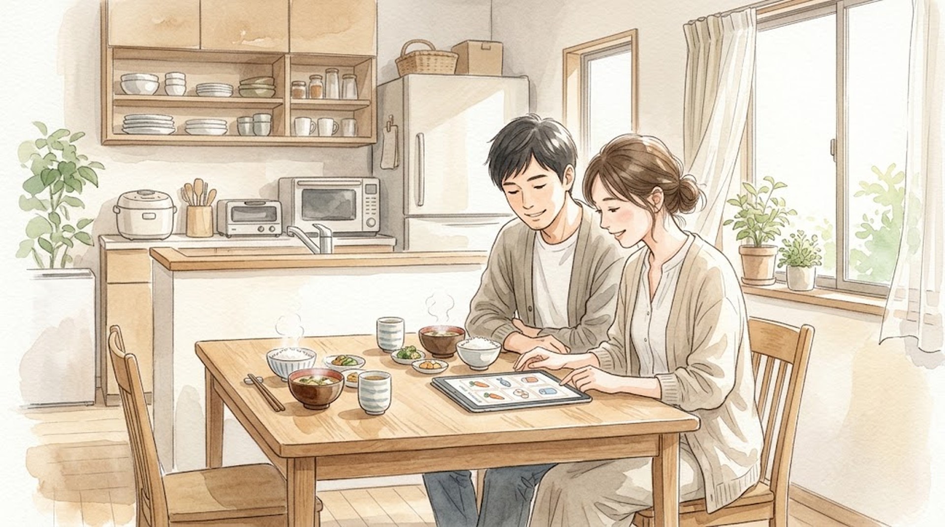 ダイニングテーブルで、タブレットの買い物リストを見ながら話し合う夫婦